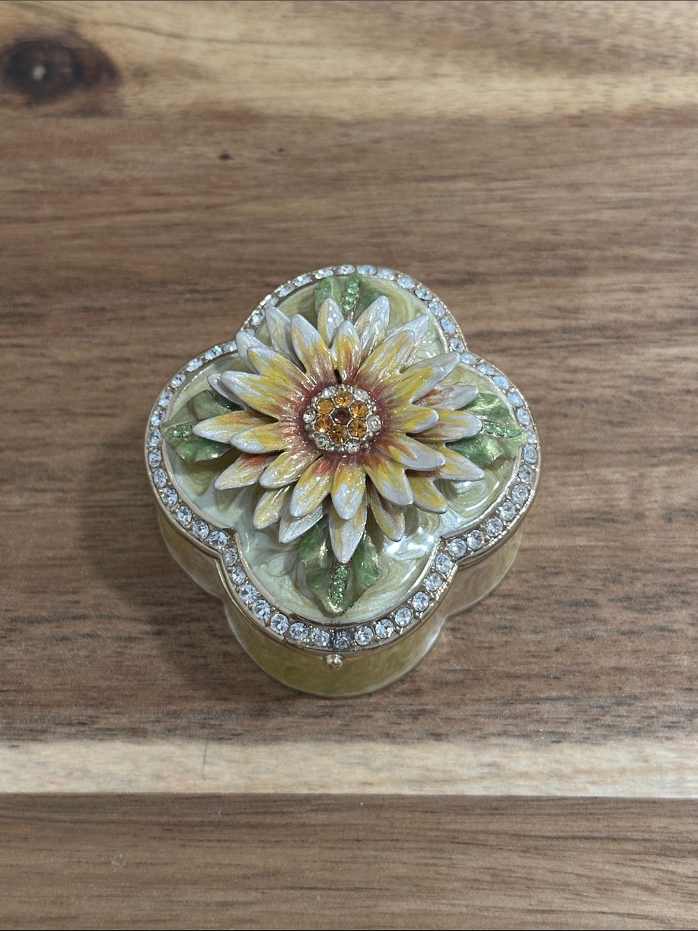 Vintage Decorative Yellow Floral Trinket Box with Rhinestone Accents